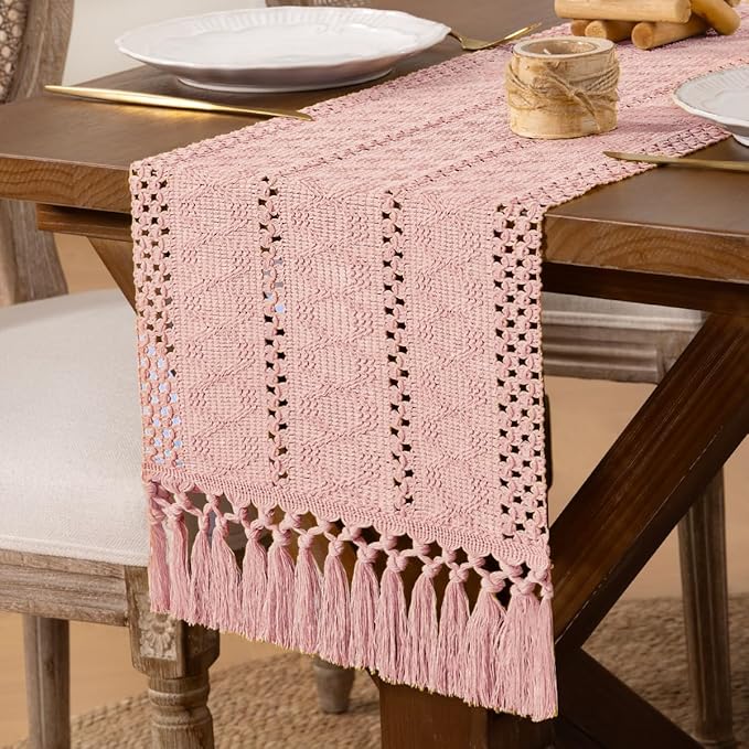 DeZerlor Boho Macrame Table Runner Spring Easter Farmhouse Woven Table Runner with Tassels 72 Inches Pink Cotton Linen Kitchen Table Decor for Dining Dresser Home Tea Table Decor