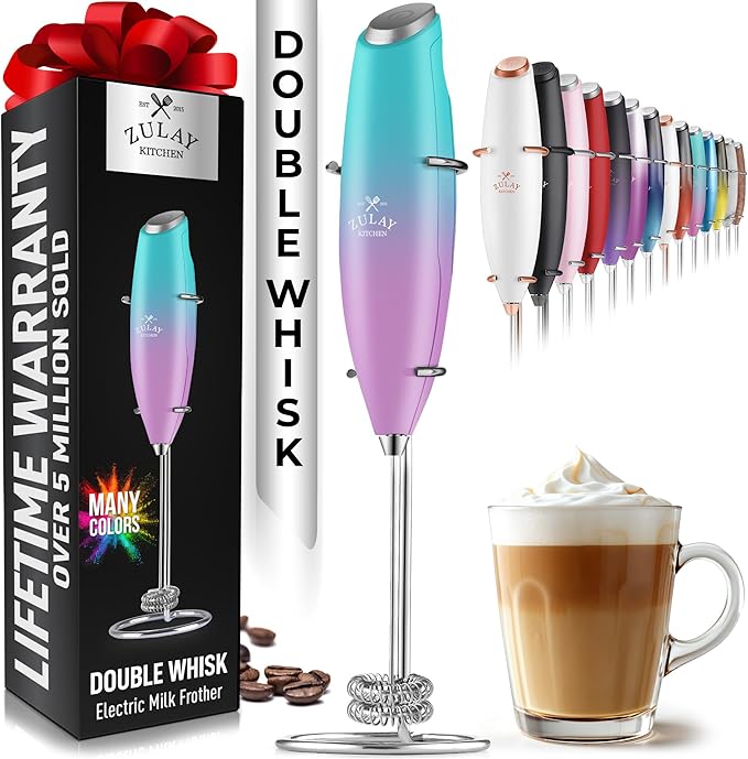 Zulay Kitchen Powerful Double Whisk Milk Frother Handheld - Foam Maker With Stand - Whisk Drink Mixer for Coffee, Mini Foamer for Latte, Matcha, Frappe, Hot Chocolate & Cappuccino - Orchid Fade