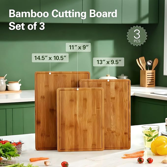 Zarler Bamboo Cutting Boards for Kitchen, 3 Piece Durable Wood Cutting Board with Juice Grooves and Handles, Wooden Chopping Board Set for Meal Prep, 500℉ Carbonized Bamboo, Ideal Kitchen Gift