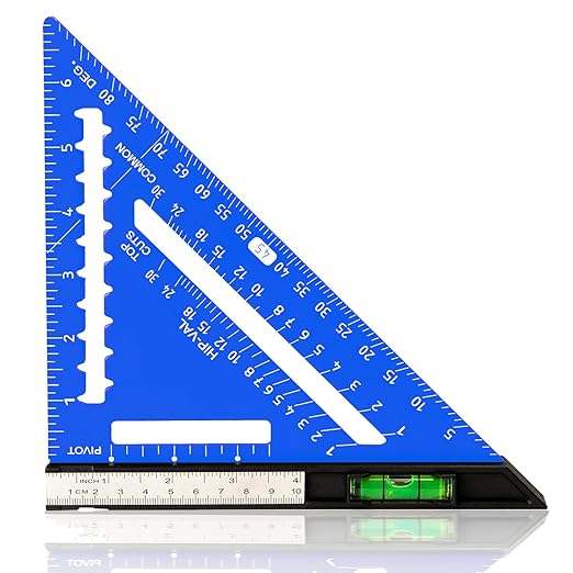 Beslands 7 inch Rafter Square with Level, Aluminum Metal Triangle Ruler Carpenter Square Woodworking Layout Tool Aluminum Triangle Tool Stainless Steel Ruler (Blue)