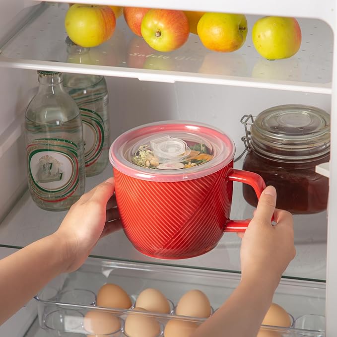 Ceramic Soup Bowl with Lid & Handle: 32 oz Microwave Safe Food Container for Ramen Noodles Cereal Leftovers - Extra Large Mugs for Breakfast Lunch Picnic Camping - Red, Set of 1