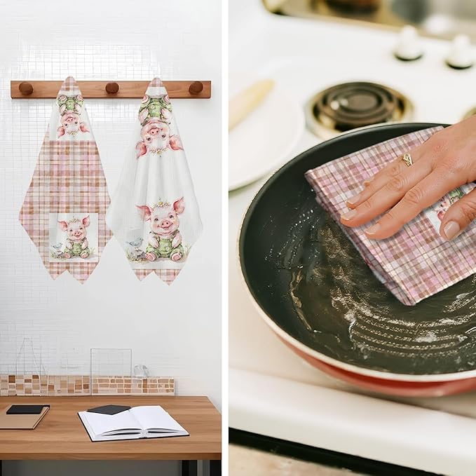 Jztco 2 Pcs Cute Pig Kitchen Towels, Plaid Pink Soft Absorbent Hand Tea Towel, Microfiber Dish Cloths for Drying Dishes, Waffle Dish Towels for Kitchen Bathroom Decor, Pig Gifts for Women Mom Grandma