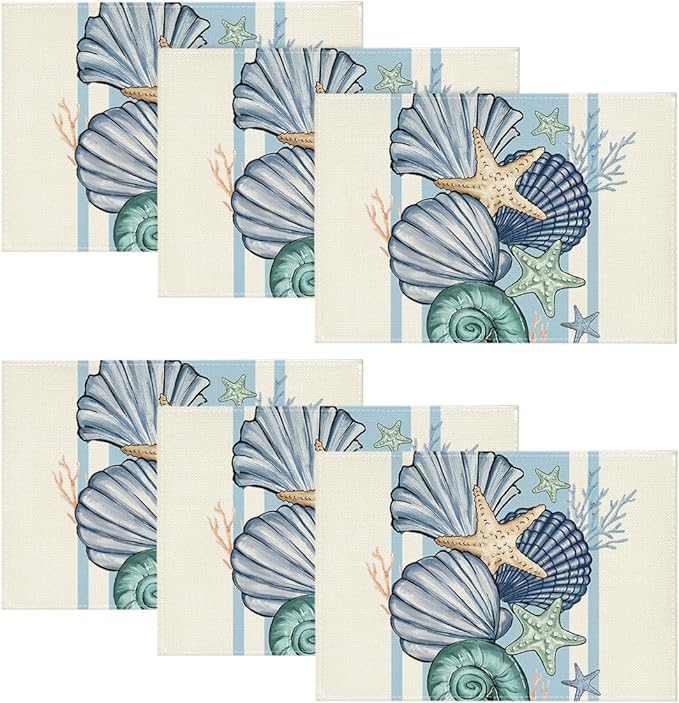 Artoid Mode Sea Shell Starfish Summer Placemats Set of 6, 12x18 Inch Seasonal Holiday Table Mats for Party Kitchen Dining Decoration