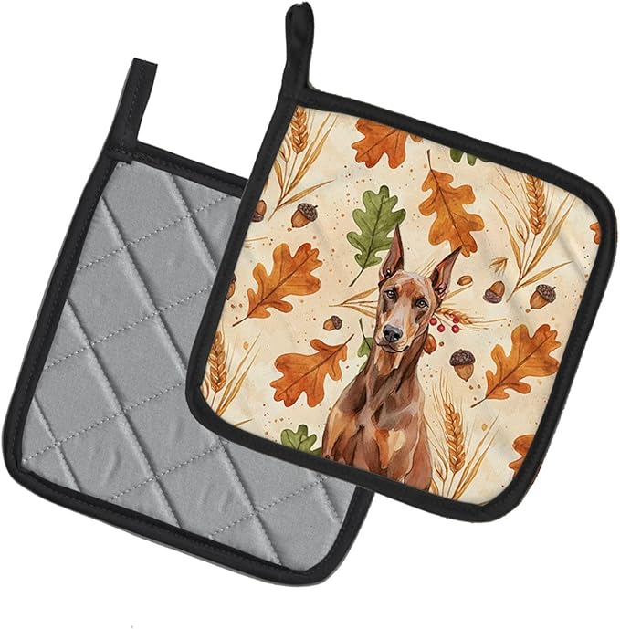 Caroline's Treasures Red Doberman Pinscher Heirloom Fall Pair of Pot Holders Pair 7.5x7.5 Quilted Insulated Hot Pads Decorative Kitchen Gift Made in USA