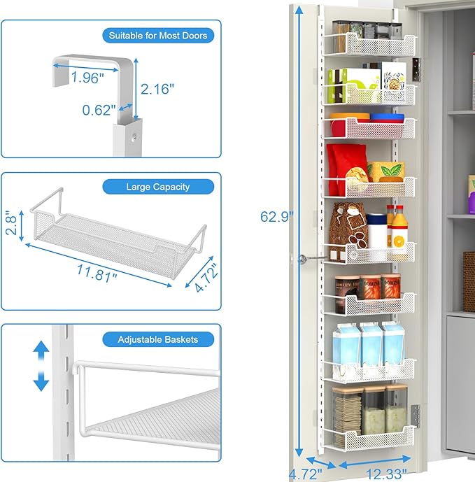 VyGrow 12.3" W Narrow Over the Door Pantry Organizer, 8-Tier Over the Door Organizer with Adjustable Basket, Pantry Door Organization for Pantry Kitchen Storage Room Spice Rack, White
