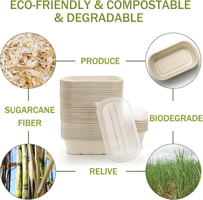 Yesland 70 Pack Compostable Take Out Food Containers with PP Lid, 23 Oz Bagasse to Go Containers Rectangular Disposable Paper Bowls, Biodegradable Meal Prep Food Container for Salad, Leftovers