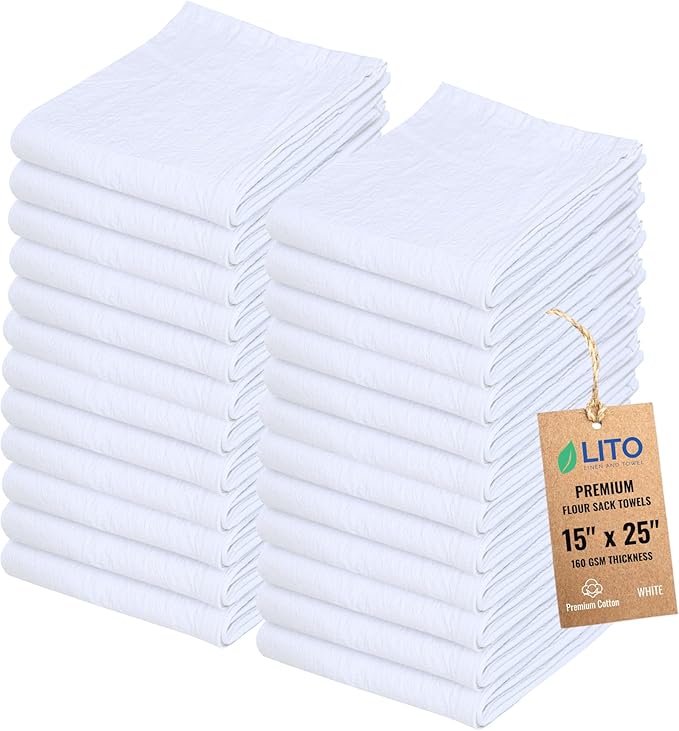 Flour Sack Towels – 24 Pack Cotton Kitchen Dish Towel, Tea Towels for Crafts, Embroidery, Baking, Bread Proofing – Thick, Absorbent, Quick-Dry – 15"x25" White