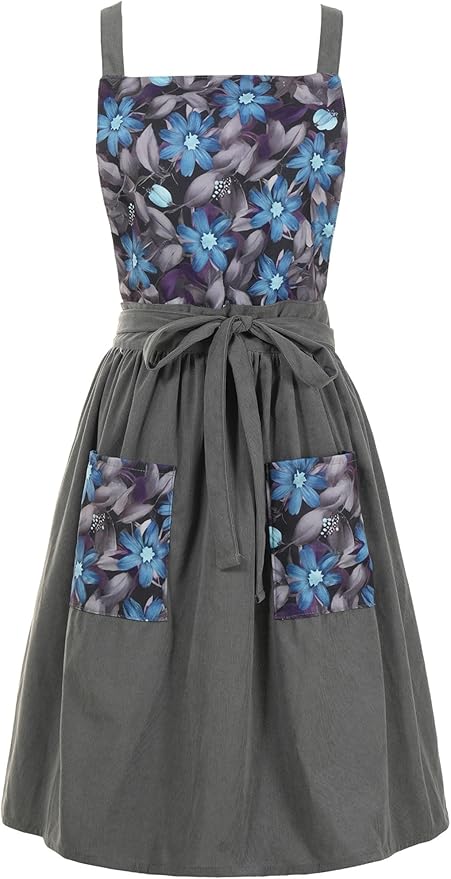 Pinknoke Vintage Pinafore Apron Dress for Women with Pockets Cute Floral Chef Aprons for Kitchen Cooking Baking Gardening