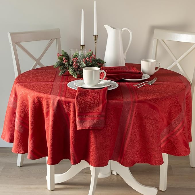 Benson Mills Ravenna Yarn Dyed Jacquard Heavyweight Fabric Table Cloth, Everyday, Parties, Weddings, Holiday, Winter and Christmas Tablecloth (70" Round, Red)