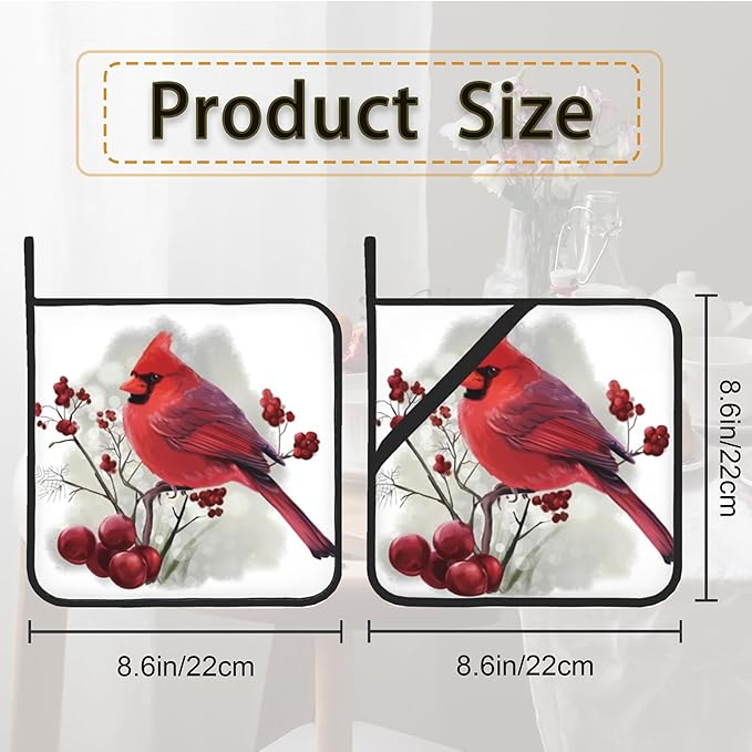 Christmas Cardinal Bird Pot Holder Set of 2,Heat Resistant Potholders Oven Hot Pads for Kitchen Cooking Baking BBQ