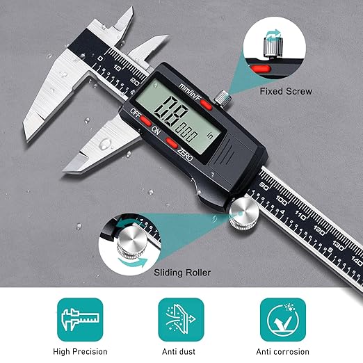 Kynup Digital Vernier Caliper, Caliper Measuring Tool, Outside Micrometer Dial Caliper with Stainless Steel, Large LCD Screen, Auto - Off Feature, Inch Metric Fraction Conversion (6Inch/150mm)