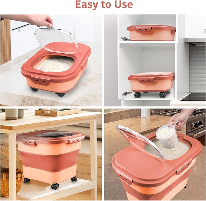 Komzon Rice Storage Containers, Collapsible 20 to 30Lbs Food Storage Bin Dispenser with Rolling Wheel and Clear Airtight Lid, BPA Free Flour, Sugar, Cereal and Dog Cat Pet food Containers