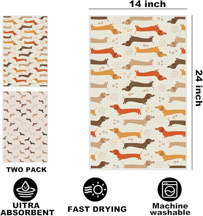 2 Pcs Dachshund Kitchen Towels, Dachshund Decor Hand Towel Tea Towels for Kitchen Home, Dachshun Gifts for Women, Dog Lover Gifts Decor for College Dorm Kitchen Bathroom, 14 x 24 Inch