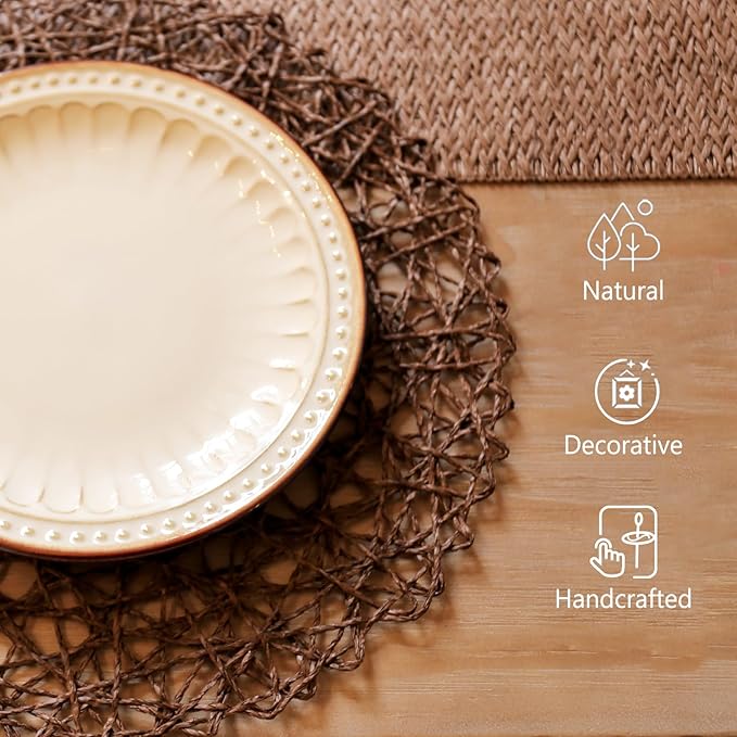 AHHFSMEI Paper Braided Round Placemats Set of 12 Natural Non-Slip Heat Resistant Table Mats for Dining Tables Woven Indoor & Outdoor Place mats(Coffee,12)