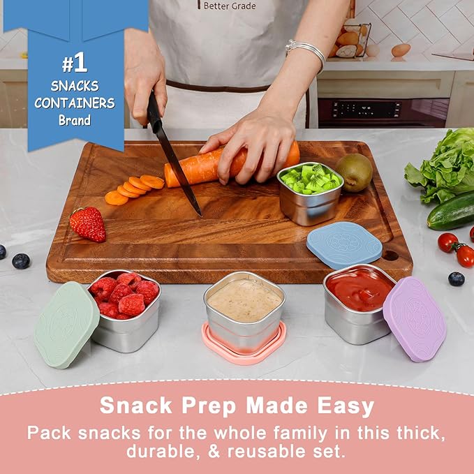 Caperci 4-Pack Stainless Steel Snack Containers with Silicone Lids - 4.7oz Reusable Small Food Containers for Snacks Condiments, Salad Dressing Container, Leak-Proof, BPA-Free