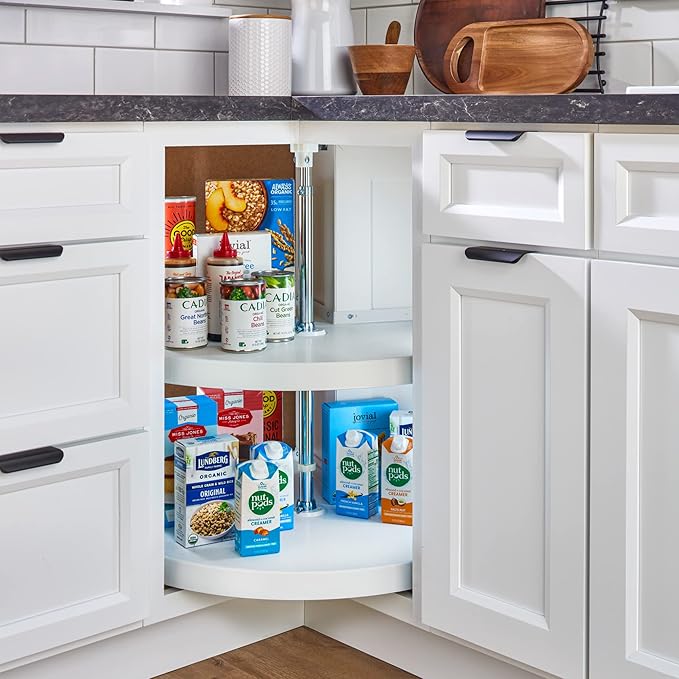 Rev-A-Shelf 2 Tier Pie-Cut Lazy Susan for Corner Base Cabinets, Plastic, 28" Double Shelf Swivel Kitchen Spice and Can Organizer, White, 6942-28-11-52