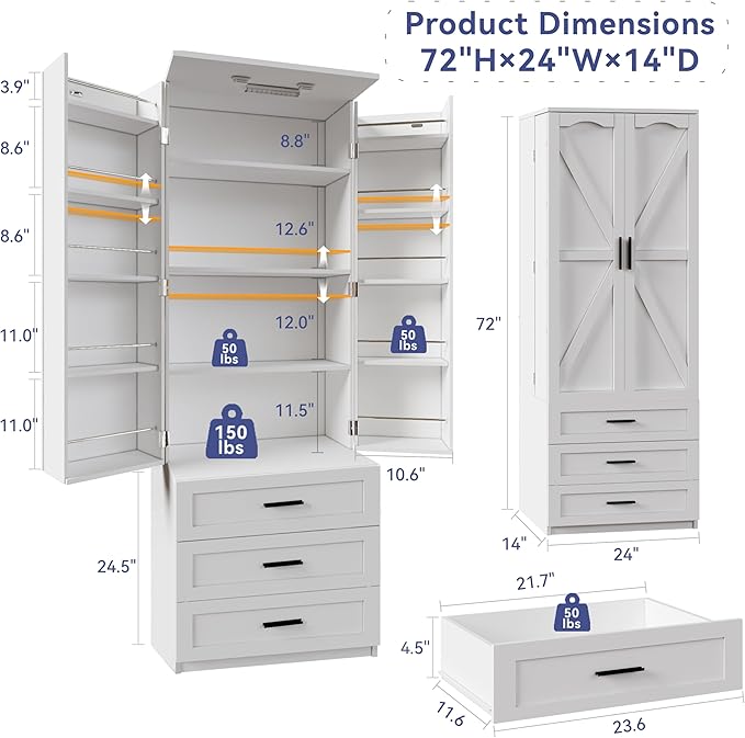 FJTJBSI 72" LED Kitchen Pantry Cabinet with 3 Drawers Farmhouse Tall Storage Cabinet Wood Food Pantry with Barn Doors and Adjustable Shelves Versatile Storage Freestanding Cupboard for Kitchen