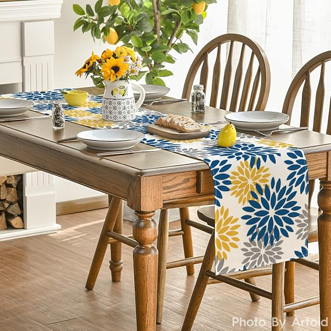 Artoid Mode Blue Dahlia Floral Pinnata Summer Table Runner, Spring Kitchen Dining Table Decoration for Home Party Decor 13x36 Inch