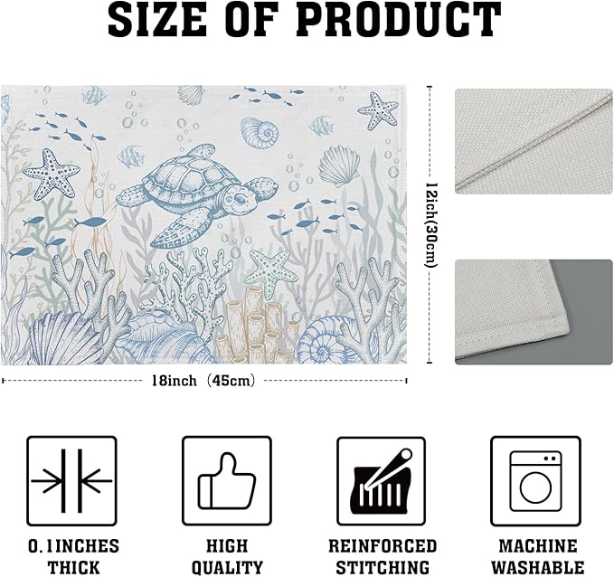 Giwawa Coastal Sea Turtle Placemats Set of 4, Ocean Life Nautical Tortoise Place Mat, Summer Starfish Seashell Beach Themed Washable Table Mats for Kitchen Dining Seasonal Party Decor, 12"x18"