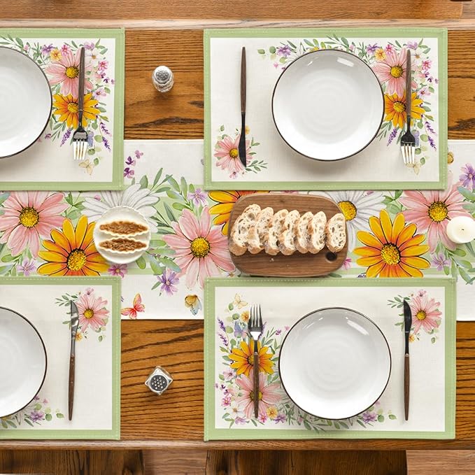 Artoid Mode Green Sunflowers Butterfly Spring Placemats Set of 4, 12x18 Inch Seasonal Summer Holiday Table Mats for Party Kitchen Dining Decoration