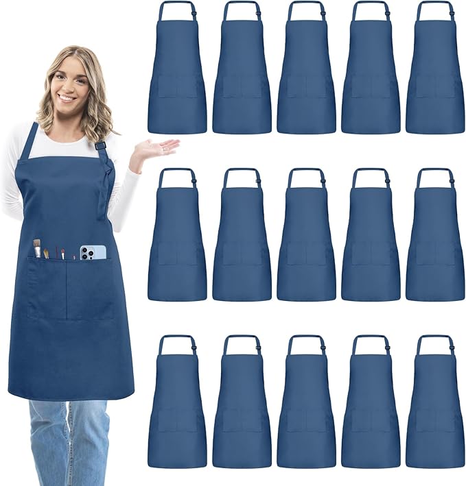 15 Pcs Adult Aprons Bulk with Pockets Adjustable Bib Chef Apron for Women Men Painting Cooking Crafting (S/L)