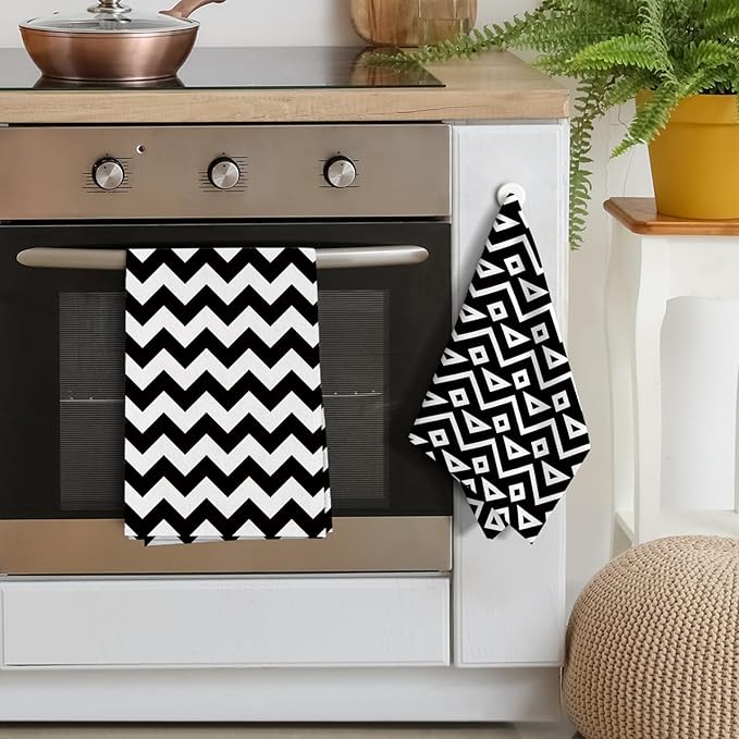 White Black Kitchen Towels Decorative Set of 4, Soft Absorbent Abstract Modern Dish Towels for Drying Dishes, Hand Drying Baking Cooking Cloth for Kitchen Bathroom Farmhouse Home Decor