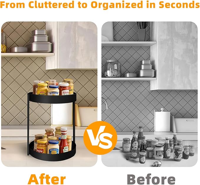 2 Tier Metal Lazy Susan Organizer, 12 Inch Rotating Turntable Double Lazy Susans for Cabinet Kitchen Bathroom, Anti-Rust Two Tiered Spinner Tray Carousel Organizer for Spice Rack Countertop Black