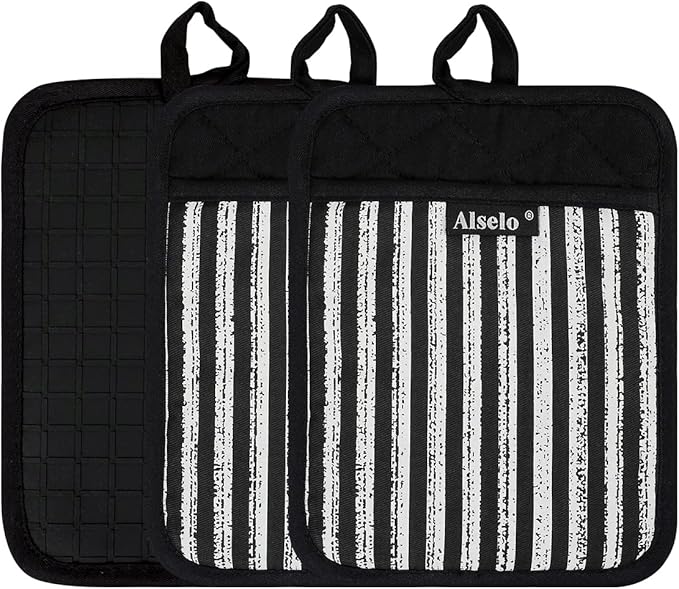 Alselo Silicone Pot Holders Set of 3 Heat Resistant & Non Slip Potholders, Professional Oven Hot Pads with Pockets Mitts for Kitchen Cooking Baking Barbecue (3, Black)