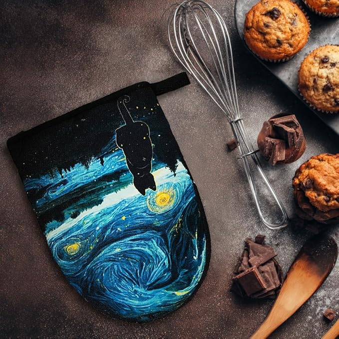 Black Cat Starry Night Oven Mitts, High Heat Resistant Kitchen Oven Gloves, Mini Silicone Oven Mitts, Non-Slip Grip Surfaces and Hanging Loop for Grilling, Baking, Cooking and Microwave, Gift