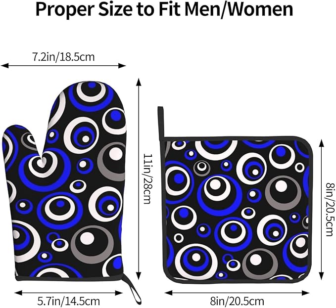 3 - Piece Blue Black White Retro Circular Oven Mitts & Pot Holders Sets, Modern Abstract Art Blue Oven Gloves Heat Resistant for Home Cooking Baking, Cooking, Kitchen Decor & Gift for Culinary Women
