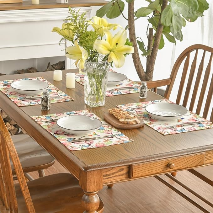 Artoid Mode Flowers Bird Butterfly Spring Placemats Set of 4, 12x18 Inch Seasonal Summer Table Mats for Party Kitchen Dining Decoration