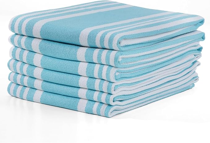 TEXAS LINEN CO. American Stripe Kitchen Towels 100% Cotton Pack of 6, Highly Absorbent Quick Drying, Soft Dish Towels 20x30 Inch for Kitchen with Hanging Loop, Hand & Tea Towel - Aqua & White Striped