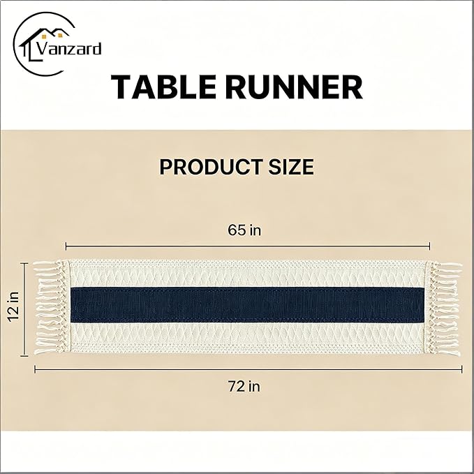 Boho Table Runner for Home Decor with Tassels 72 Inches Long Farmhouse Rustic Navy Blue Table Runner Macrame Burlap Table Decoration for Living Room Bridal Shower(12x72in)