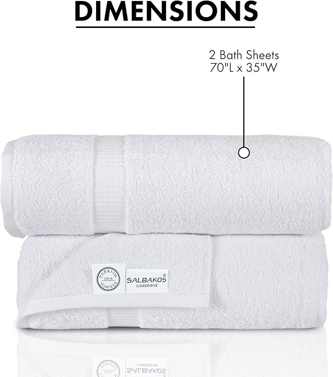 SALBAKOS 100% Turkish Cotton Bath Sheet Towels Set of 2-Piece White | 35x70 in Extra Large Bath Towels | Premium Hotel Quality, Thick, Soft, Super Absorbent Oversized Bath Towel (White, 2 Bath Sheets)