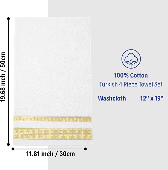 4 Piece WashCloth Set with Greek Key Design - 100% Cotton Soft & Absorbent Bathroom 12x19 in Small Towels - Soft Face Towels, Quick Dry White Wash Cloth for Spa, Hotel & Home Use CC2