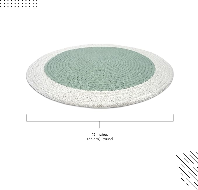 Encasa XO Dining Placemats Set of 6 | Cotton Round Table Mat - 13 in Diameter | Sage & Off White | Handmade Rib Style Chargers for Dinner Plates