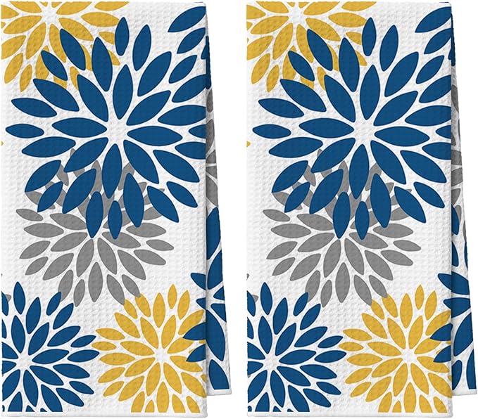 Artoid Mode Dark Blue Dahlia Floral Kitchen Towels Dish Towels, 18x26 Inch Quick Dry Microfiber Cloth Hand Towels for Kitchen Drying Set of 2