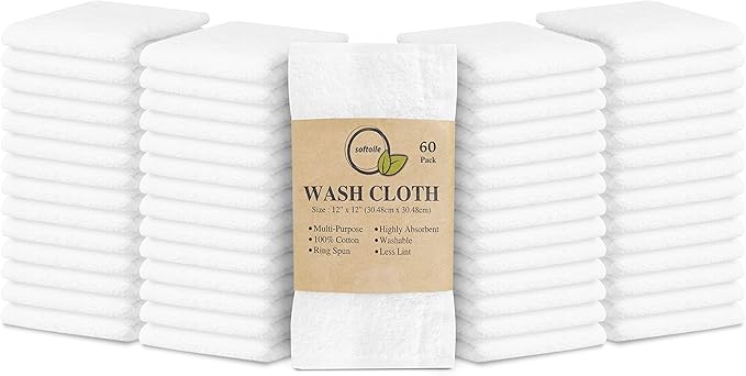 Softolle 100% Cotton Washcloths 60 Pack (12x12 Inches) Soft, Highly Absorbent Washcloth, Face Towels, Wash Cloths for Face, Ring Spun, Bulk Pack (White)