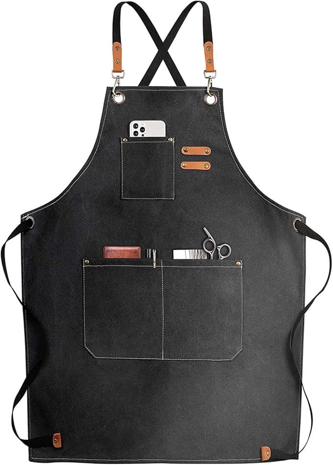 LZMS Chef Apron for Men & Women, Canvas Cross Back Work Apron with 3 Large Pockets, Water-Resistant, Adjustable Size M-XXL