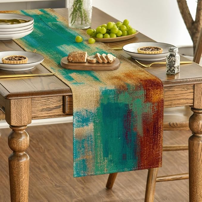 Artoid Mode Brown Blue Abstract Modern Art Table Runner, Seasonal Farmhouse Style Kitchen Dining Table Decoration for Home Party Decor 13x72 Inch