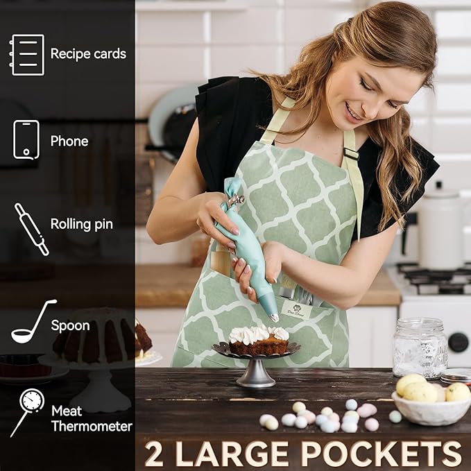 2 Pieces Aprons for Women with Pockets, Cotton Linen Waterproof Kitchen Cooking Aprons, Chef Apronfor Men Women with Adjustable Neck Strap and Long Ties(Yellow/Green)