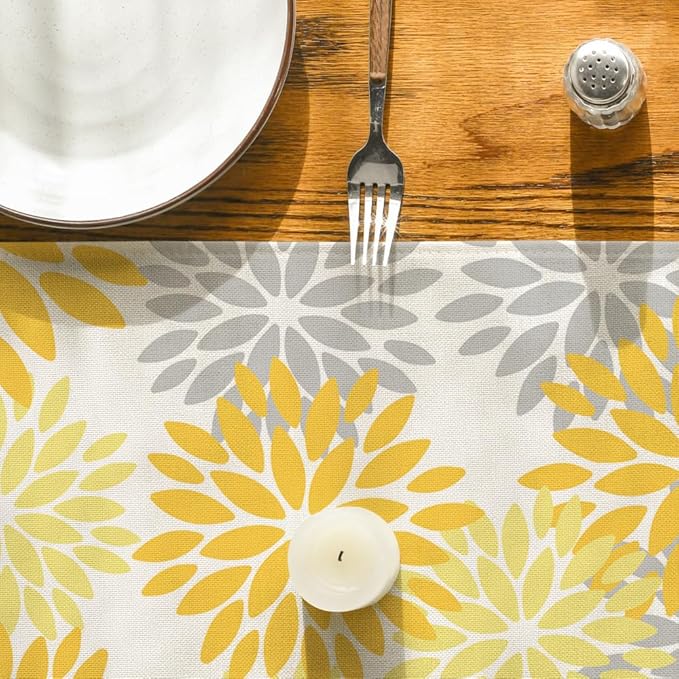 Artoid Mode Yellow Dahlia Floral Pinnata Summer Table Runner, Seasonal Spring Holiday Kitchen Dining Table Decoration for Home Party Decor 13x90 Inch