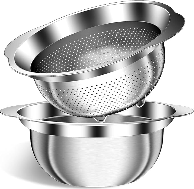 Stainless Steel Strainer with Mixing Bowl, Rice Washer, Colander for Kitchen, Rice Strainer, Fruit and Vegetable Wash, Microporous Colander, Fruit Cleaner Bowl, Dishwasher Safe