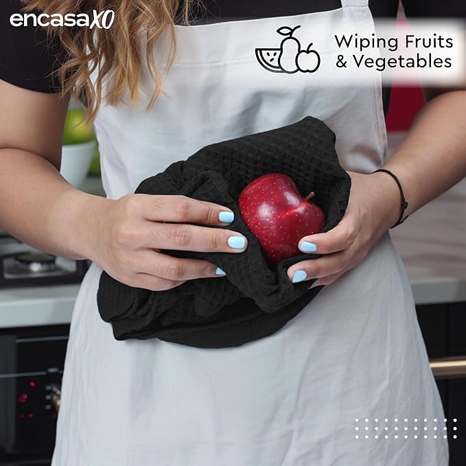 Encasa XO Kitchen Dish Towels Set | Black | Waffle Weave and Flat Hand Tea Towel | 28"x18" | Quick Drying Reusable Cotton Washcloths | Multipurpose Lightweight Dishcloths Set of 4