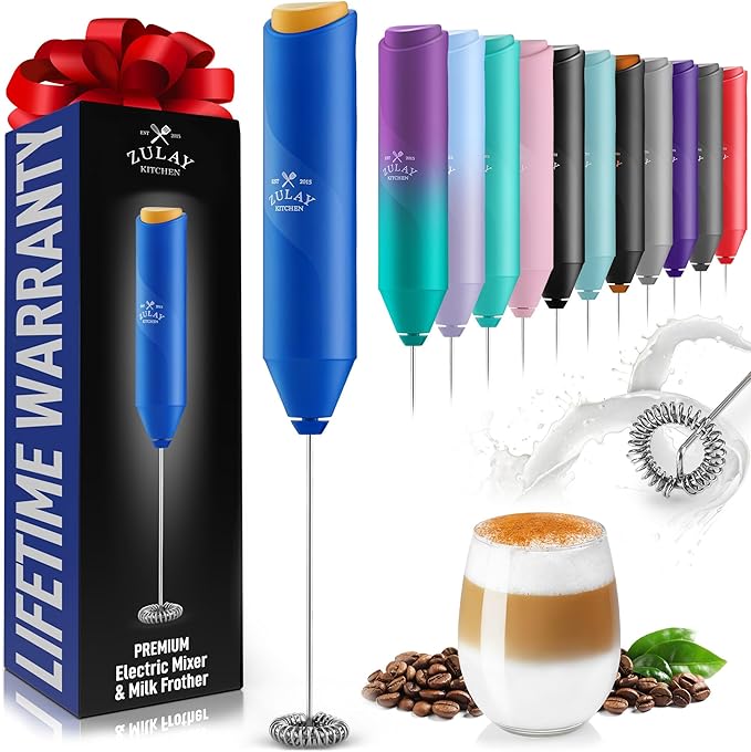 Zulay Kitchen Milk Frother Handheld Battery Operated – Electric Drink Mixer for Coffee, Lattes, Cappuccinos, Matcha & Hot Chocolate – Portable Foam Maker & Coffee Bar Accessory - Blue Gold