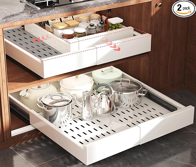 Seinloes 2 Pack Pull Out Cabinet Organizer Expandable Width(13"-21") and Depth(17"-24"), Slide Out Drawers With Raising Pad for Framed Cabinets, No Drill Roll Out Shelves for kitchen, Bathroom, White