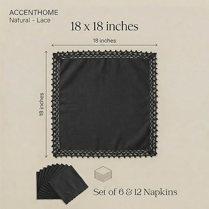 ACCENTHOME Black Cloth Napkins Set of 12 18x18 inch Cotton Dinner Napkins - Washable Soft Premium Hotel Quality Reusable Napkins Perfect Table Napkins for Family Dinners, Weddings & Everyday Use