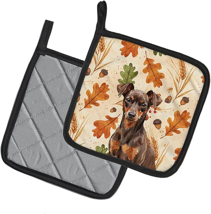 Caroline's Treasures Chocolate and Rust Miniature Pinscher Min Pin Heirloom Fall Pair of Pot Holders Pair 7.5x7.5 Quilted Insulated Hot Pads Decorative Kitchen Gift Made in USA