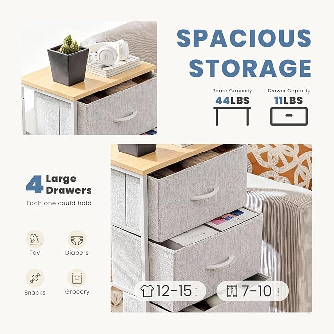 DUMOS Nightstand with 4 Drawers Bedside Table with Removable Fabric Bins Sturdy Steel Frame Wood Top Organizer Furniture for Bedroom Closet Living Room,Light Gray