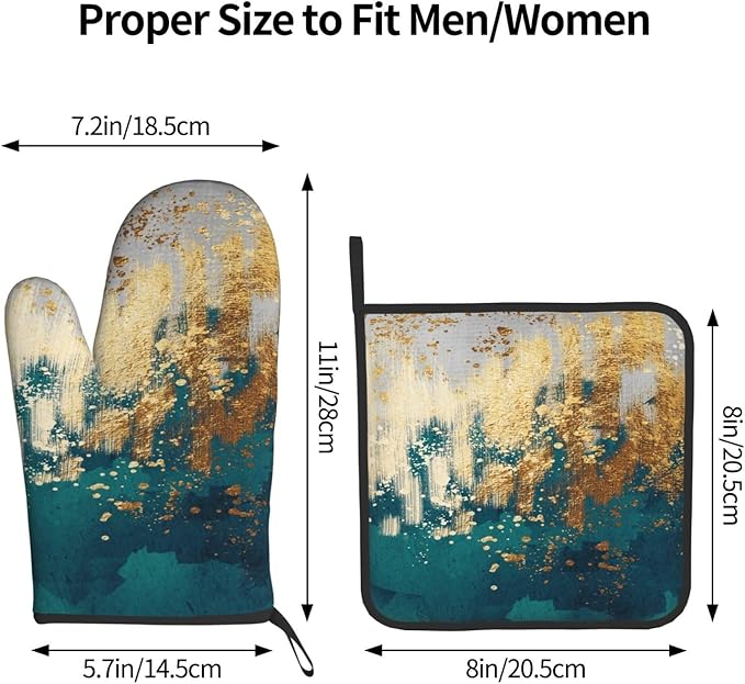 Green Gold Abstract Art Oven Mitts & Pot Holders Sets of 3, Heat Resistant Modern Teal Gold Oven Gloves and Hot Pads for Kitchen Cooking Baking Grilling, Gifts for Women, Holiday Kitchen Home Decor
